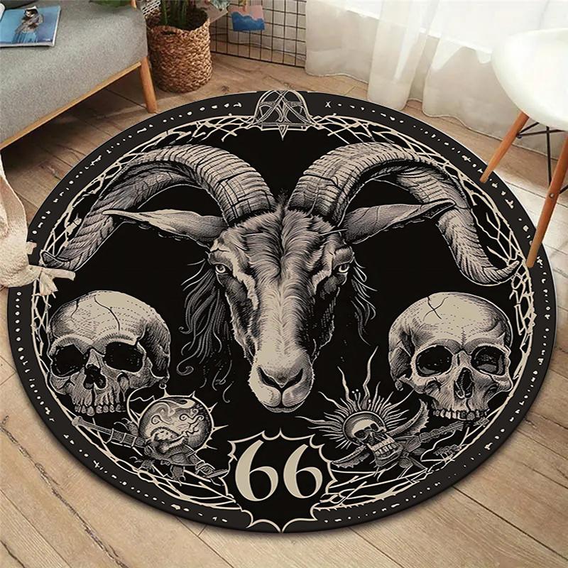 Retro Skull Round Area Rug,Carpet Rug for Living Room Bedroom Sofa Playroom Decor,Non-slip Floor Mat
