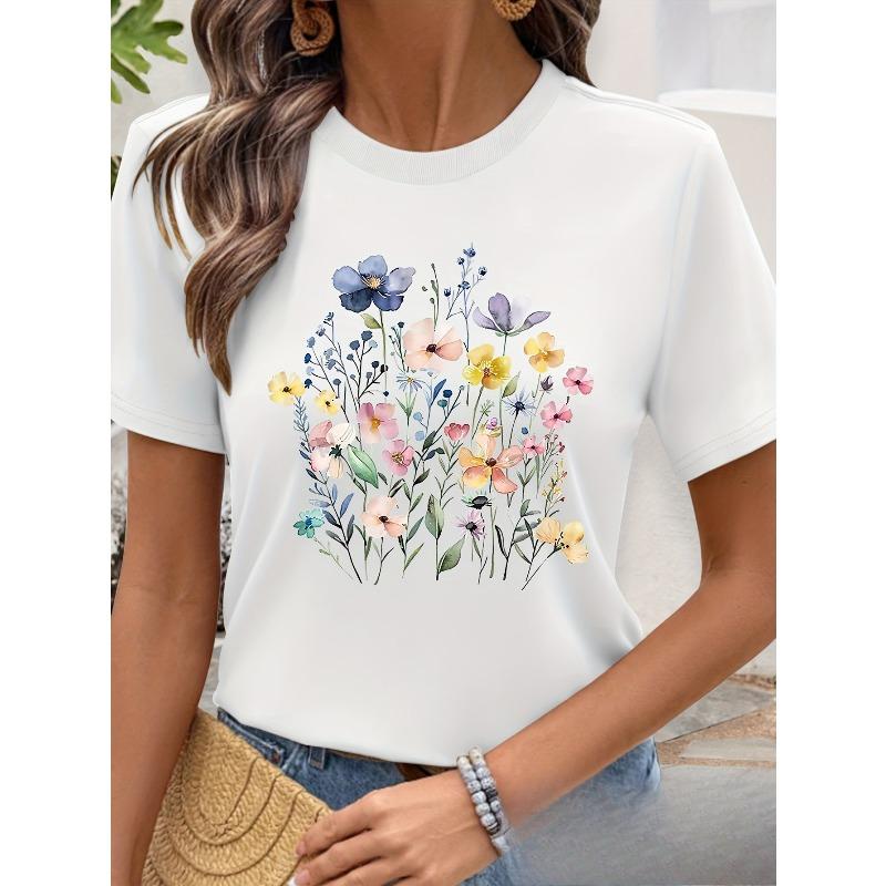 

Европейский размер Женский s Повседневная футболка с коротким рукавом - Топ с цветочным принтом и круглым вырезом, Дышащая, для весны и лета, Машинная стирка, Обычный крой S белый