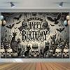 1 Gothic style cat skull birthday banner - Horror Halloween themed party decoration with black cats, bats, and skeletons