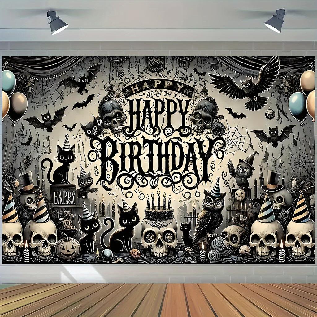 1 Gothic style cat skull birthday banner - Horror Halloween themed party decoration with black cats, bats, and skeletons
