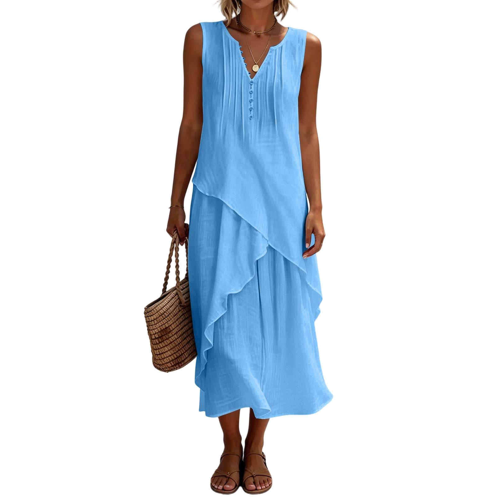 New Summer Arrival: V-neck -Color Ruffle Sleeveless Lace-Trimmed Vacation- Dress For Women L синий