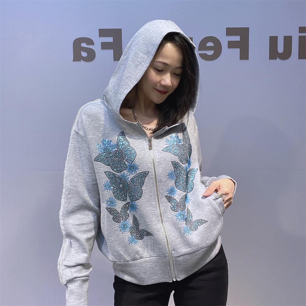 A New Style of Hoodie Jacket for Women's Autumn and Winter with Rhinestones A Small Zippered Cardigan and Hooded Sweatshirt