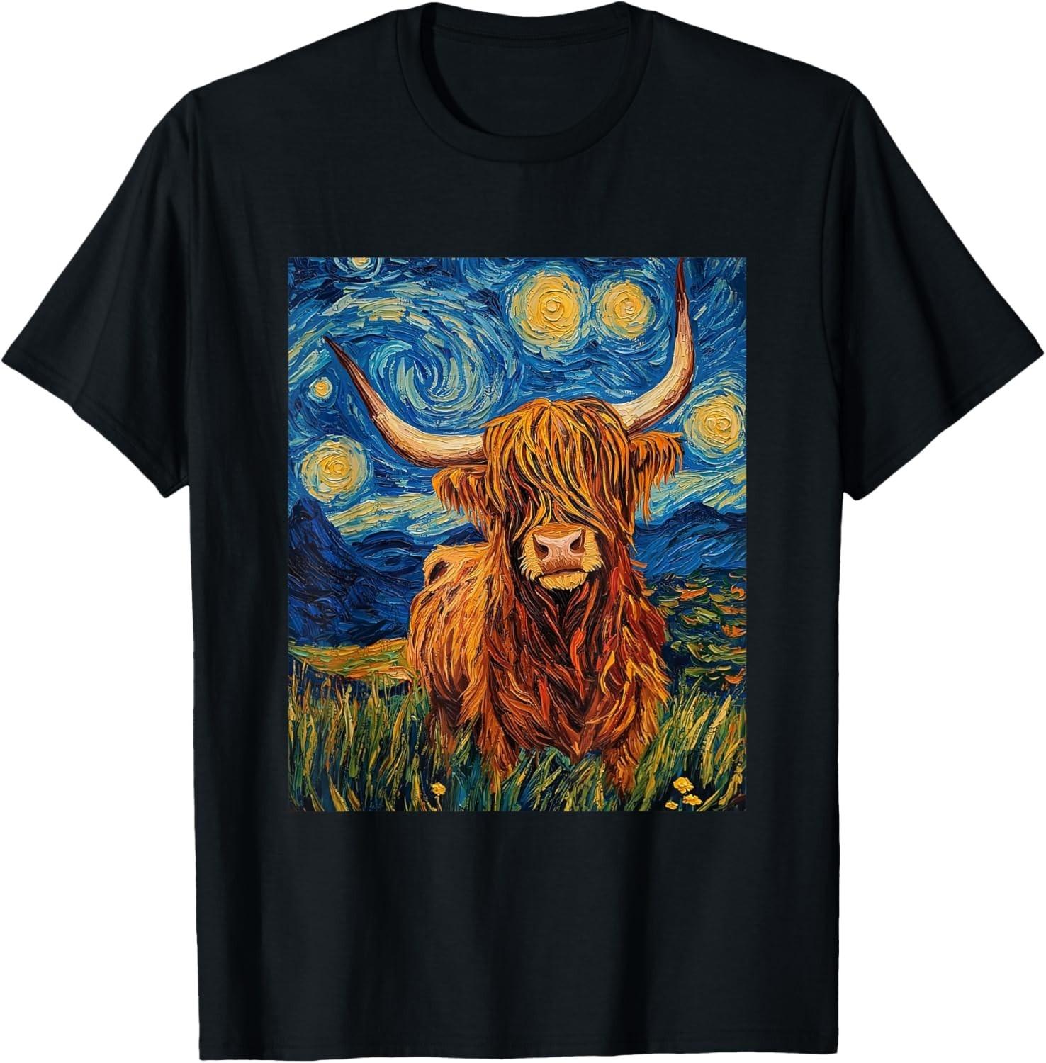 Funny Highland Cow Graphic - Van Gogh Style - Starry Night unisex T-Shirt Mens Womens Tees Top L