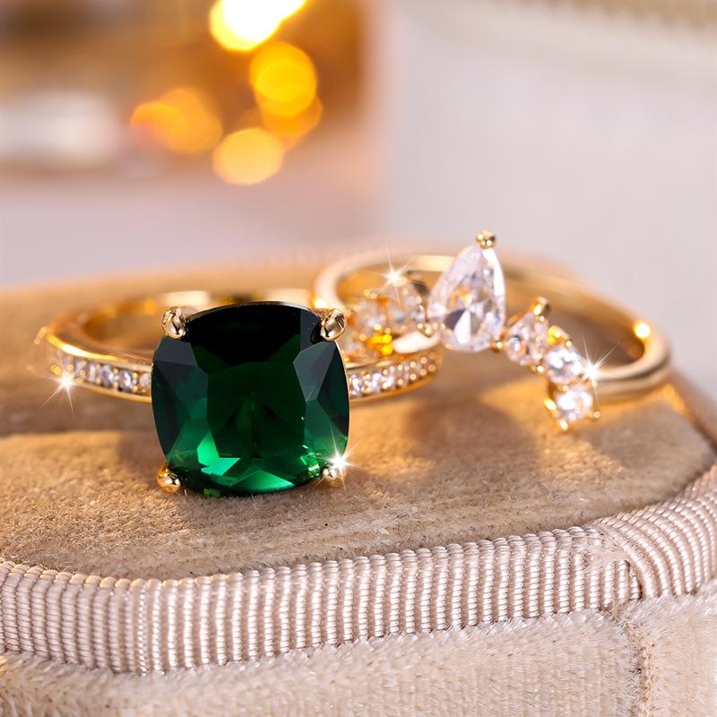 Luxury Square Green Zircon Ring Set for Women Gold Color Party Rings Engagement Wedding Jewelry