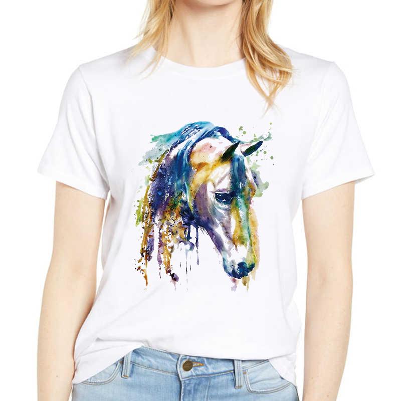 Colorful Horse Print Women T-Shirt Funny Short Sleeve Cute Print Casual Womens Tee Tshirt 90S Clothes Graphic Ladies T-Shirt