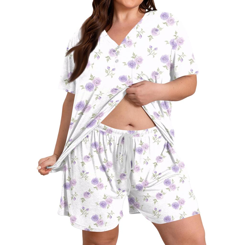 Women Casual Loose Fit Two Piece Set V Neck Short Sleeve Top with Elastic Waist Shorts Summer Lounge Wear Plus Size Print