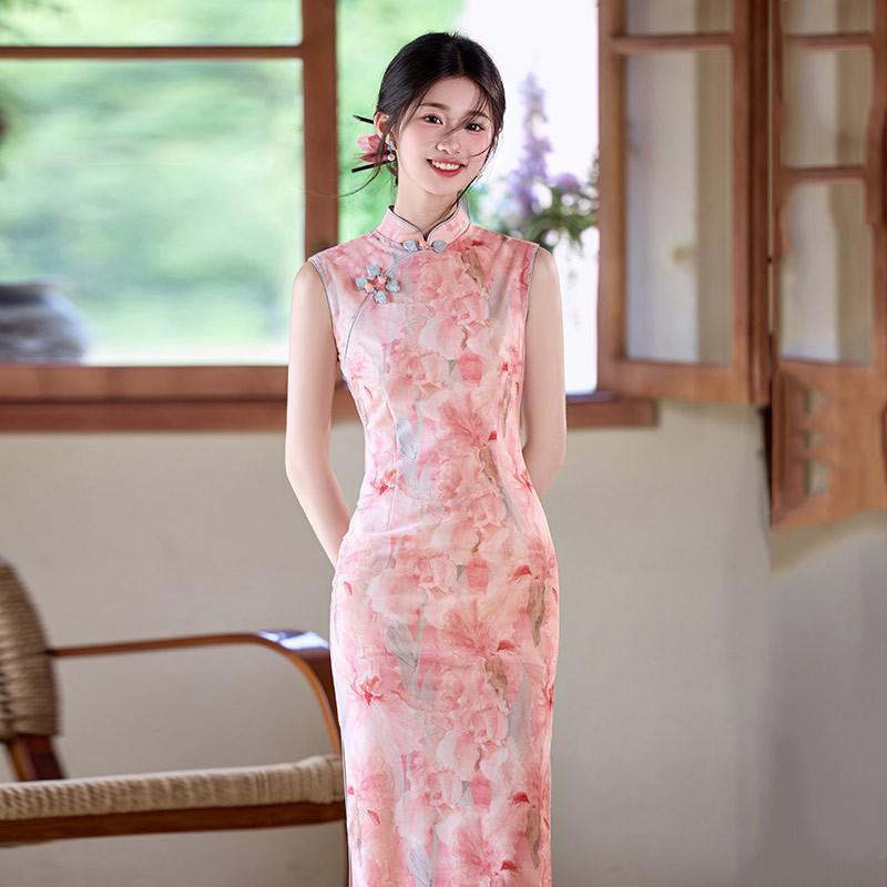 Pink national style traditional Chinese long cheongsam young women s retro slim short sleeves summer S