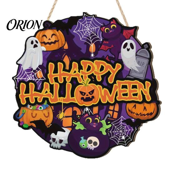 Thickened Solid Wood Pendant Happy Halloween Wooden Door Hanger Sign for Household Front Porch, Cute Ghost Pumpkin Sunproof Holiday Printed