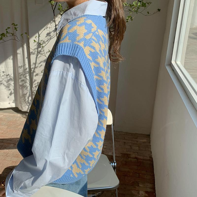 Dame Genser Vest Høst Houndstooth Rutete V-hals Ermeløs Strikket Vintage Løs Oversized Dame Genser Vest Dameklær