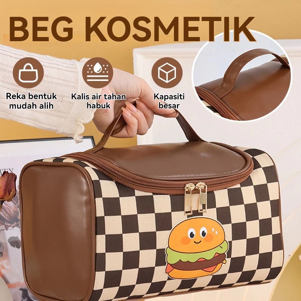 PU Leather Checkerboard Makeup Bag Hamburger Hamburger Travel Wash Bag  Outdoor