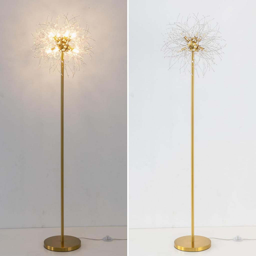 Chende Crystal and Brass Floor Lamp, Nordic Fireworks Design, 8-Light Chandelier, LED G9, Stylish, Bright, Modern, Floor-Standing, Easy Assembly,