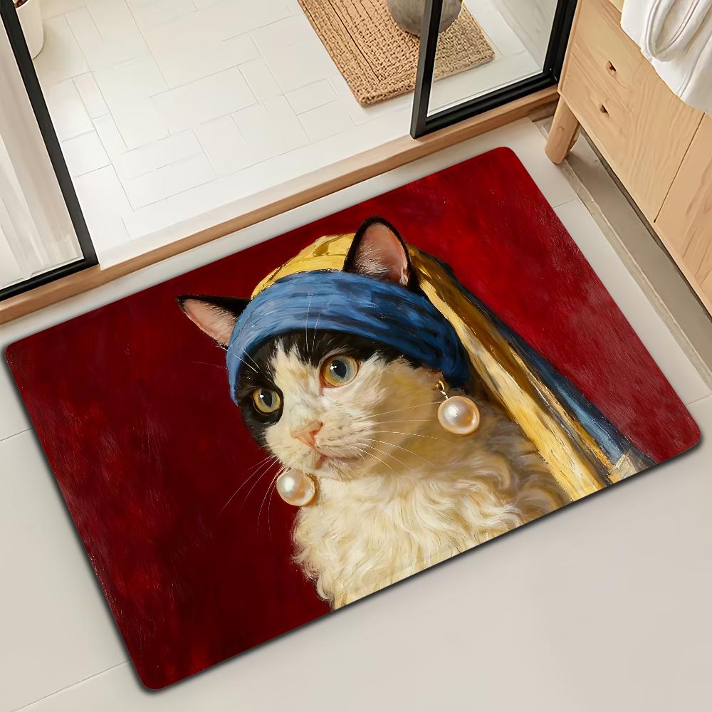Girl with a Pearl Earring Cute Cat Microfiber Decorative Versatile Flannel Door Bath Floor Mat Quick Dry Absorbent Non-slip Sole