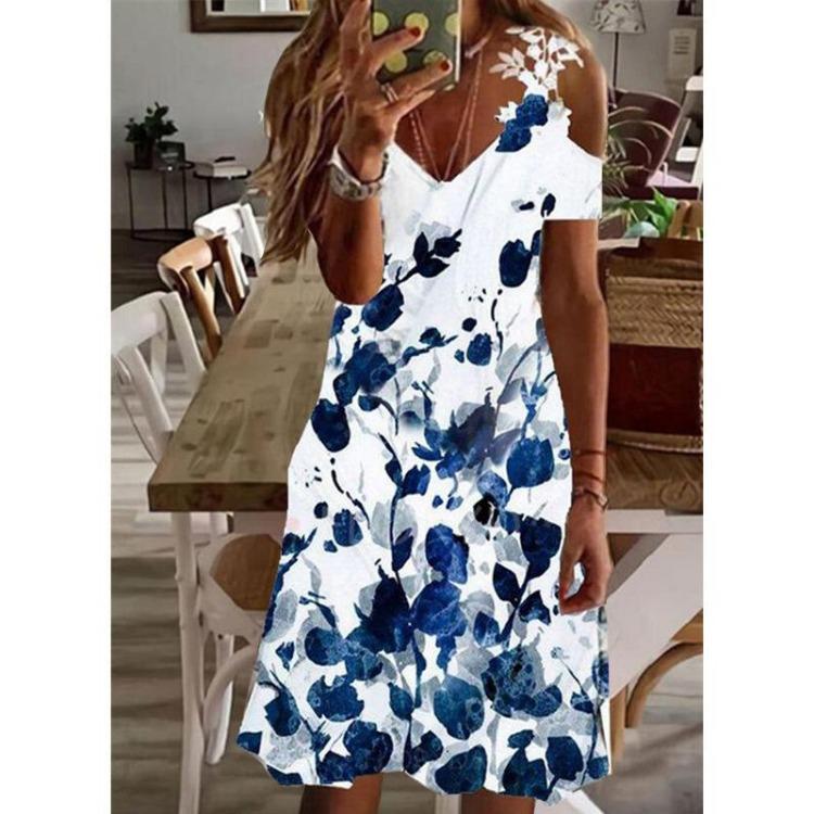 Sommer schulterfrei Blumendruck Sexy Spitze Sommerkleid Damen Lässig Strand Urlaubs Kleid Kurzarm Vestidos Mode Damen