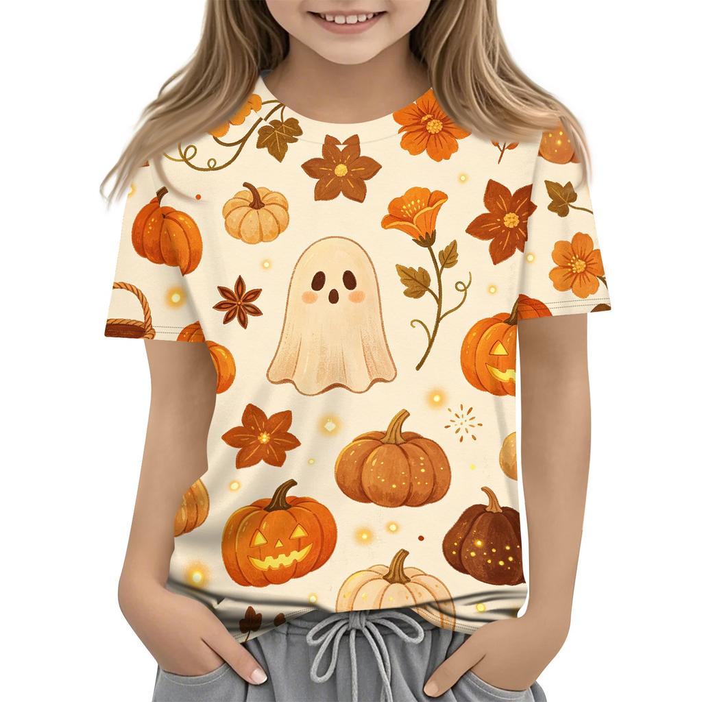 Kids Halloween Print Short Sleeve T Shirt Casual Crew Neck Top Boys Girls Comfortable Fit Soft Fabric Suitable for Everyday Wear