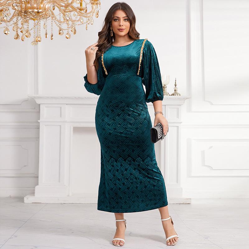 Velvet Embossed Beaded Lantern Sleeve Slim Fit Dress