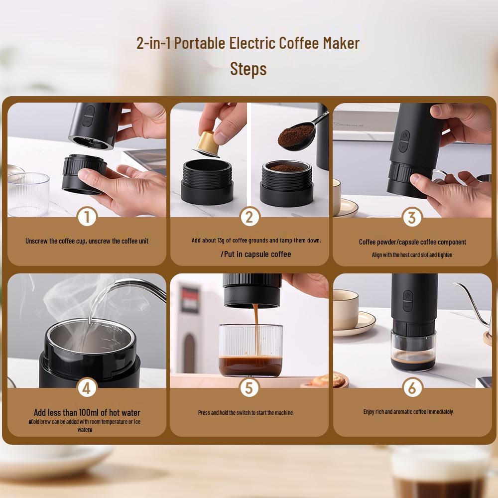 Portable Electric Espresso Machine for Travel, Car & Home - Stainless Steel with Powder Container