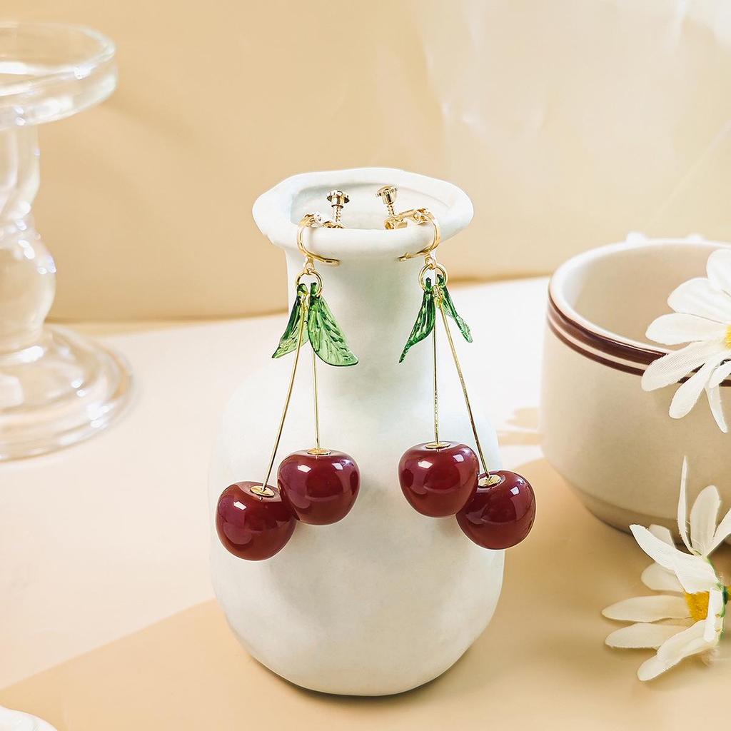 Japanese & Korean Cherry Ear Clips: Cute, Versatile, No-Piercing Earrings for Women.