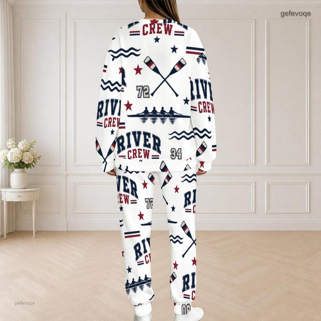 Women Plus Size White Hockey Printed Round Neck Long Sleeve Top And Pants Two Piece Set