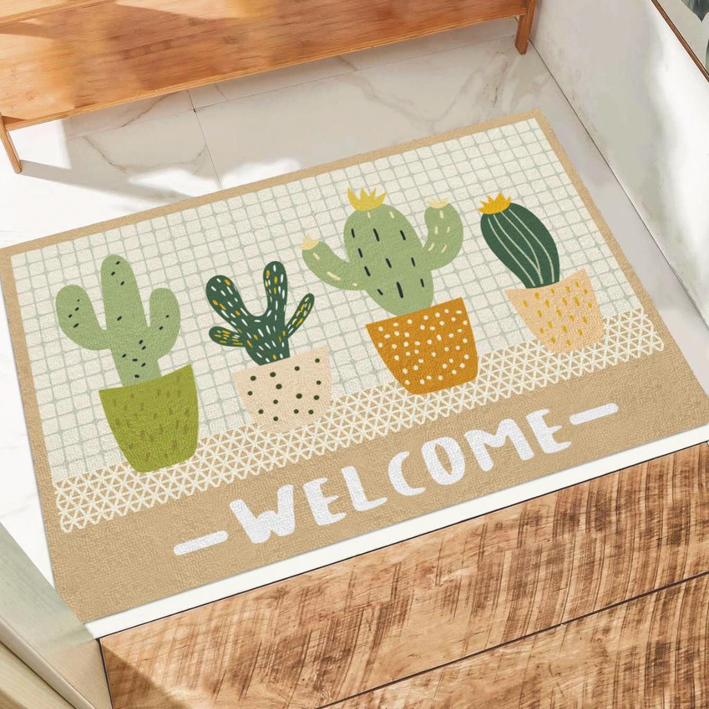 Creative Small Fresh Cactus Plant Print Welcome Door Mat Square Cuttable Fluffy Carpet Rug Non-slip Entrance Mat for Home Decor