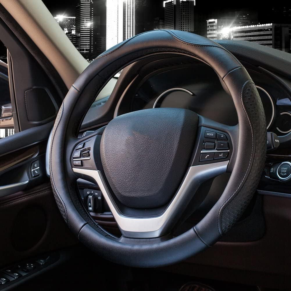 Valleycomfy Leather Steering Wheel Covers Universal 15.75 Inch -Breathable, Anti Slip & Odor Free (Black With Black Lines,L(15" 1/2-16"))