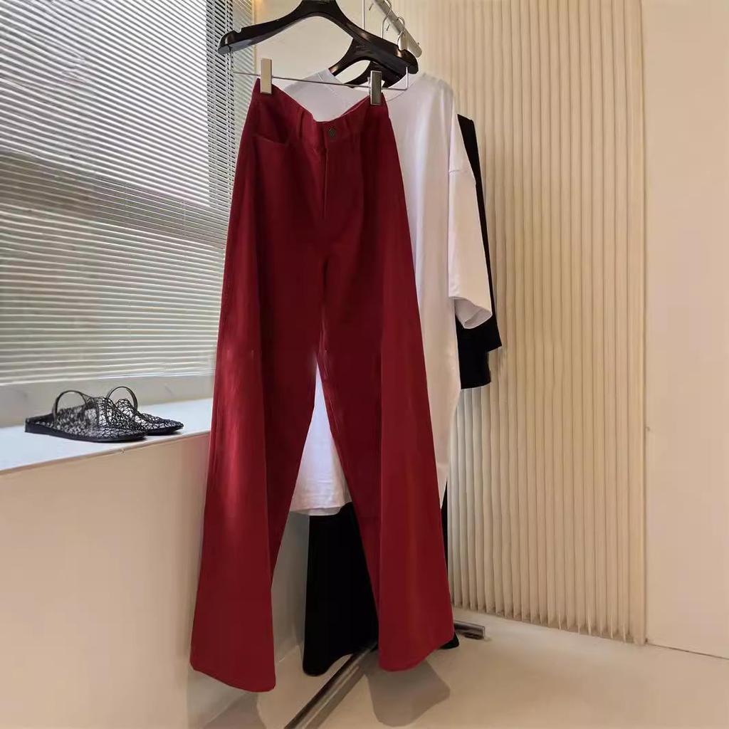Chic Red Angora Ribbed Wide-Leg Pants with Superior Fabric