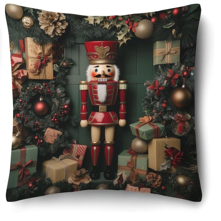 

Різдвяний Лускунчик та переповнені Подарунки: Зелена подушка кімнатна святкова новорічна прикраса для дому 2d плоский друк 18x18Inch