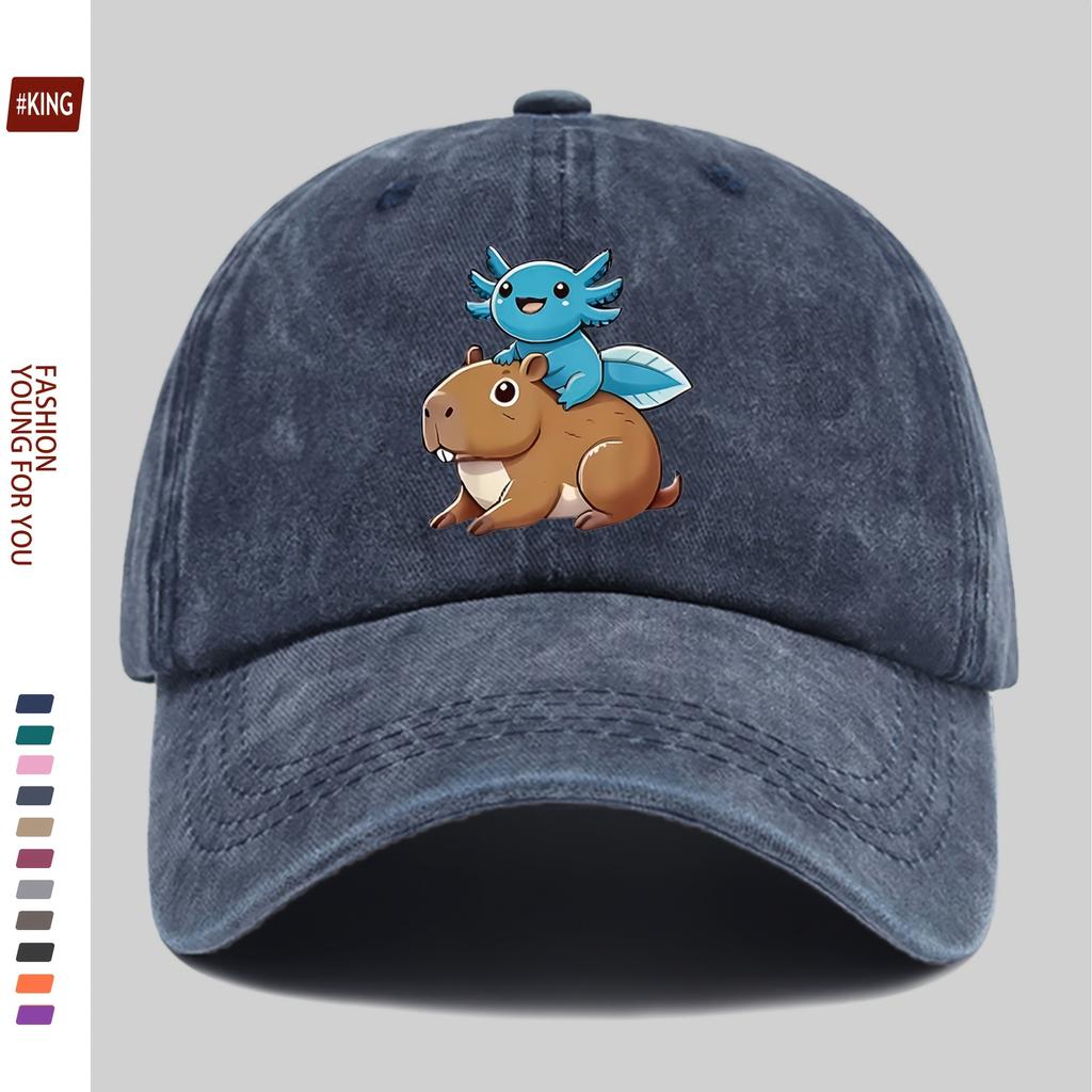 Axolotl Riding Capybara Baseball Cap Washed Cotton Adjustable Outdoor Sun Hat Unisex