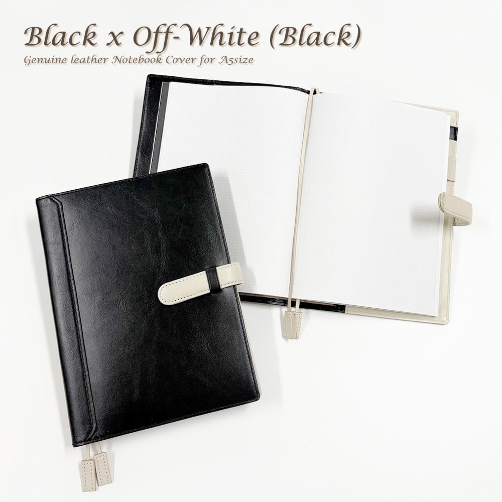 Notebook Cover A5 Size with Made of Genuine Cowhide Bicolor Name Black X (Seal Al) Belt, Leather, Leather, (no Engraving, 15. Off-white (black Spine))
