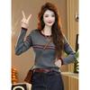 Red Contrasting Striped Long-sleeved Knitted Sweater Autumn New Slim-fitting and Thin Versatile Top