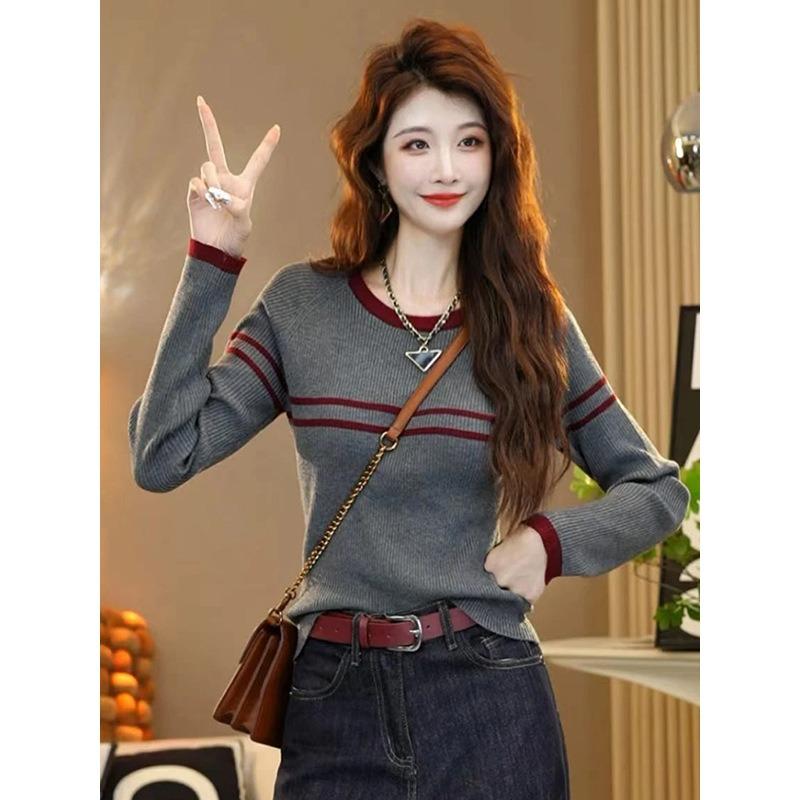 Red Contrasting Striped Long-sleeved Knitted Sweater Autumn New Slim-fitting and Thin Versatile Top