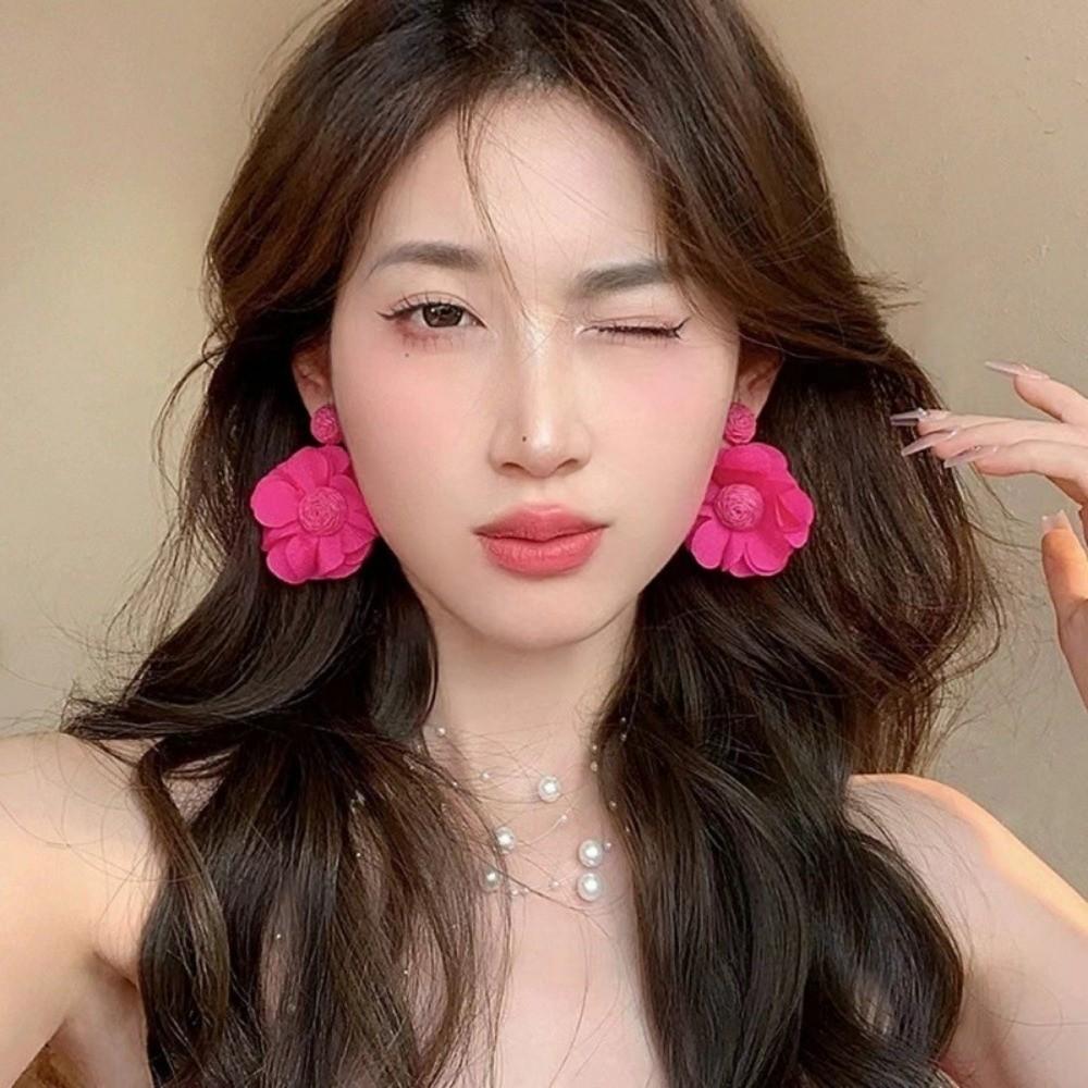 Colorful Long Drop Earrings Boho Style 3D Flower Fabric Earring Beach Party