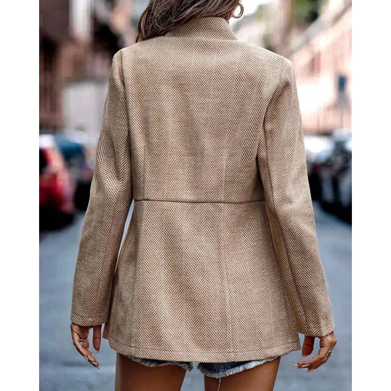 VEZFAA   Women's Fashion Casual Solid Color Print Fall Winter Long Sleeve Stand-Neck Jackets & Coats