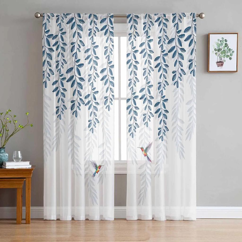Summer Green Leaves Bird Watercolor Sheer Curtains for Living Room Decoration Window Curtain Kitchen Tulle Voile Organza Drapes