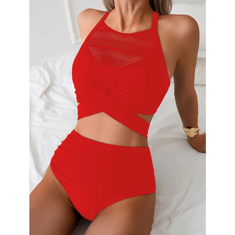 Sexy Black Mesh Patchwork Bikini Set 2025 Women Hanging Neck Bandage Cross High Waist Swimsuit Beach Bathing Suit Swimwear