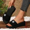 Fashion Fashion Bow Sequins Platform Slippers Women Summer Thick Bottom Med Heel Slides Female New Elastic Band Wedge Slippers Mujer