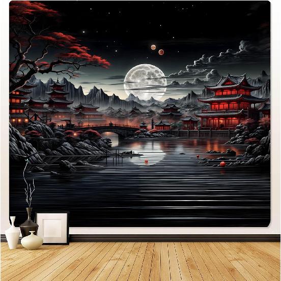 OIOVOIO Japanese Riverside Tapestry,Mountain Forest Nature Tapestry for Bedroom,Black and White Moon Landscape Wall Hanging,Aesthetic Anime Art Decor