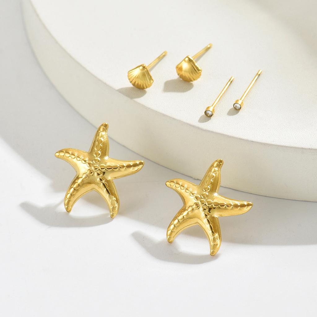 Beach Wind Women's Earrings Set Geometric Starfish Shell Diamond Design Stud Earrings Versatile Earrings