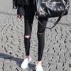 Twillové zeštíhlující černé tužkové kalhoty pro ženy - Jarní a podzimní roztrhaný styl