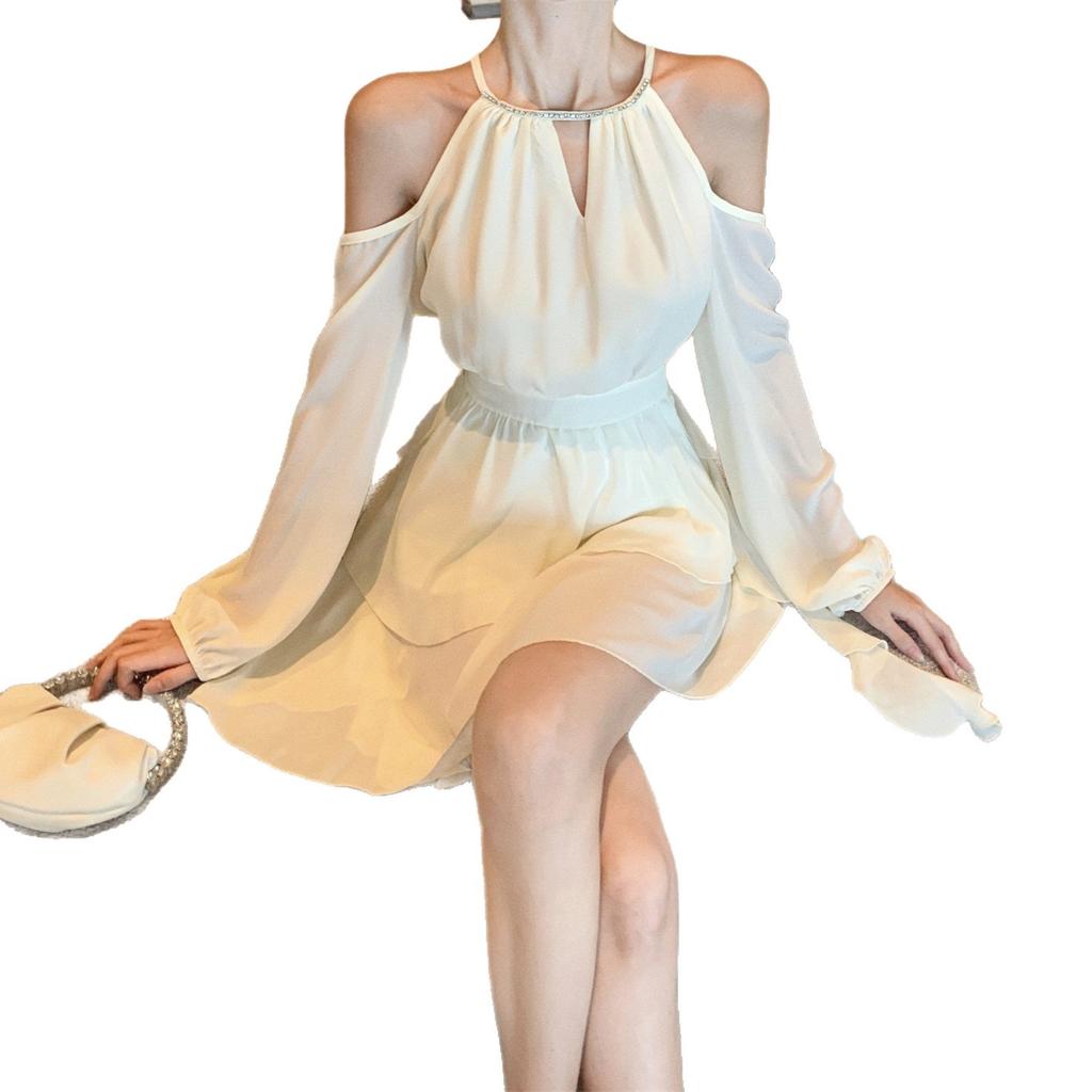 Spring and summer new French off-the-shoulder chiffon dress loose and thin ruffle edge elegant versatile fairy dress