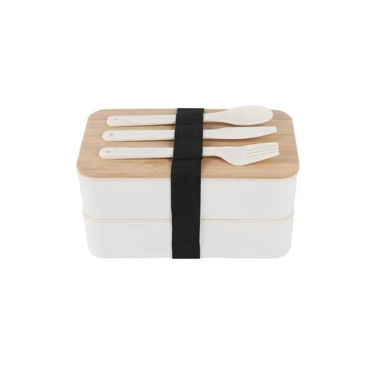Neue Bento-Box im japanischen Stil, minimalistische doppelschichtige Lunchbox mit Messer, Gabel und Löffel, unterteilt in Studenten-Lunchbox