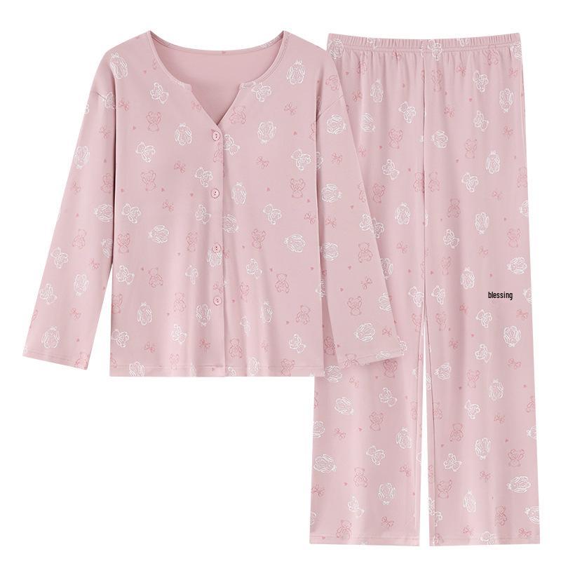 Korean Style Women's Pure Cotton Cartoon Pajama Set with Breast Pads - New 2025 Spring/Autumn Long Sleeve Homewear