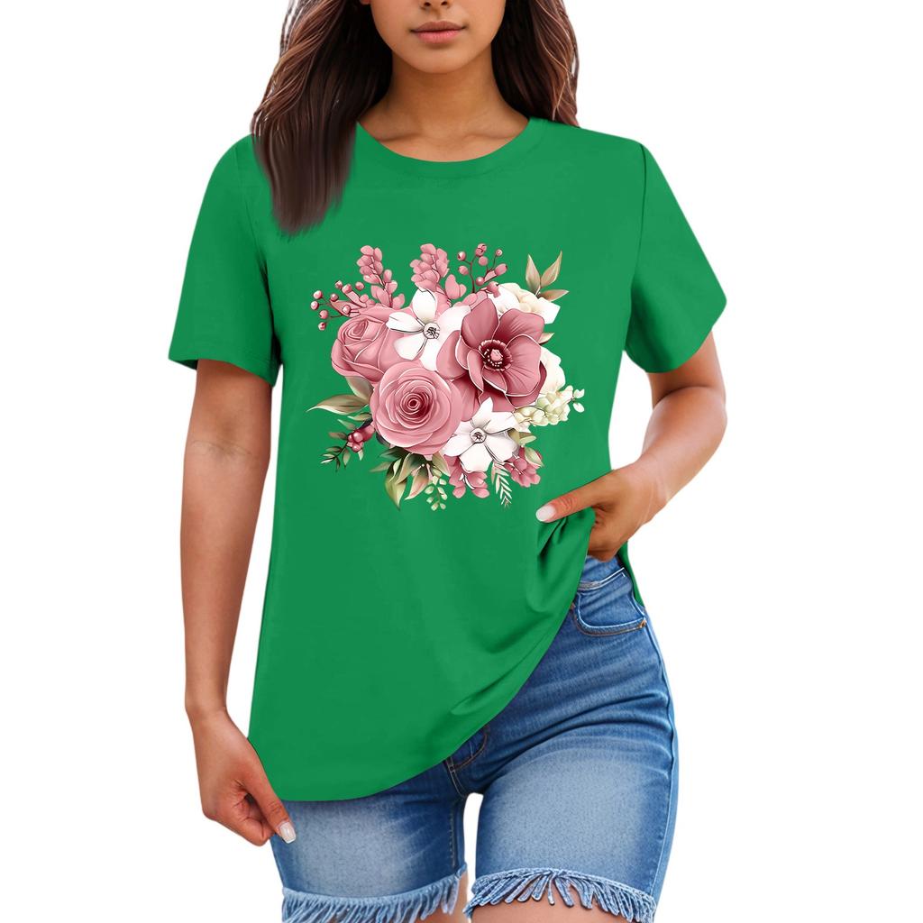 Ladies' Loose Comfortable Casual Fashionable Plant Flower Printed Round Neck Short Sleeved Shirt