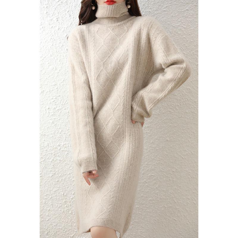 

Women s Heavyweight Cashmere Turtleneck Dress - Autumn/Winter Thick Mid-Length Wool Knit, Loose Fit, Plus Size Base Layer L