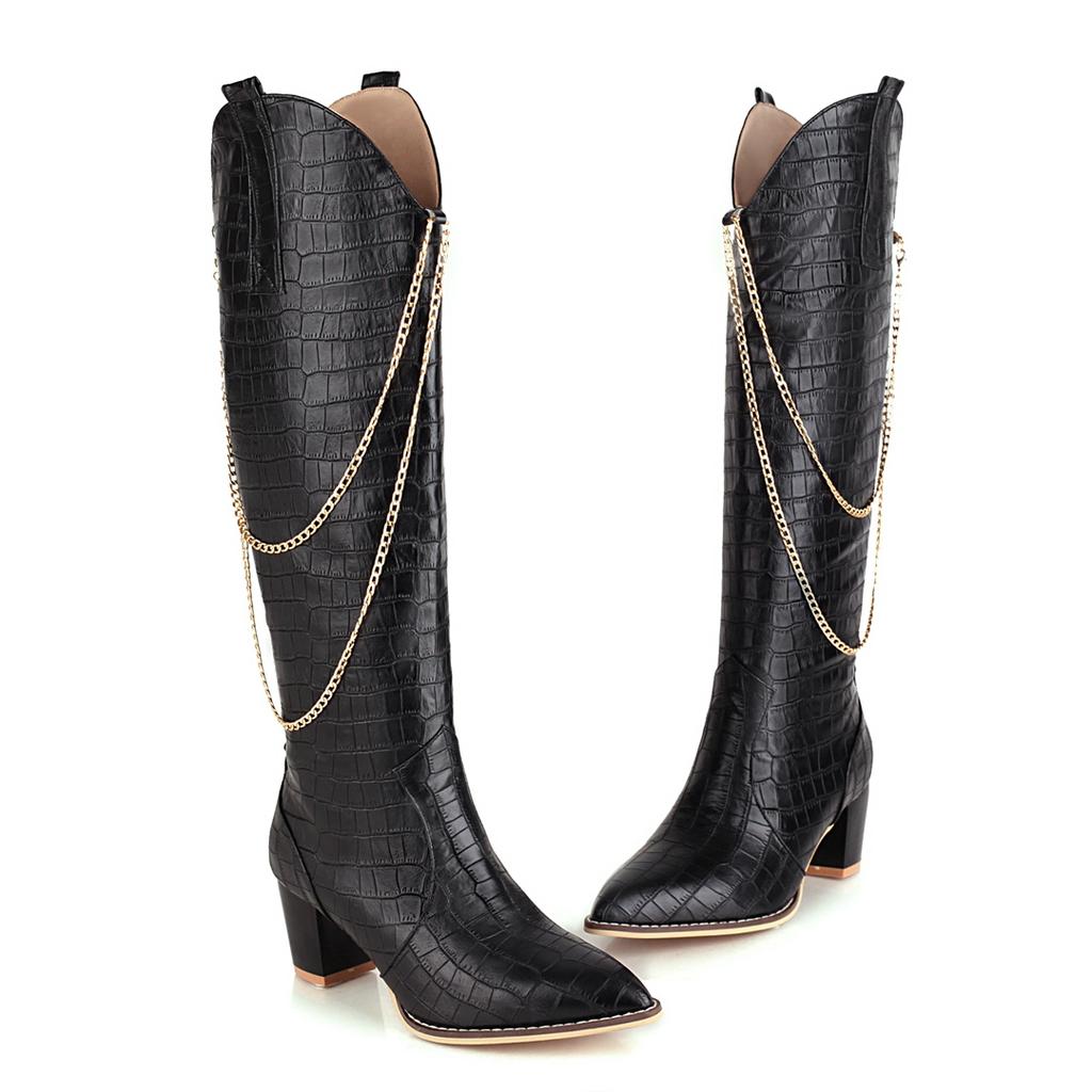 Women's high-heeled boots sexy European and American style crocodile pattern thick heel pointed large size medium boots