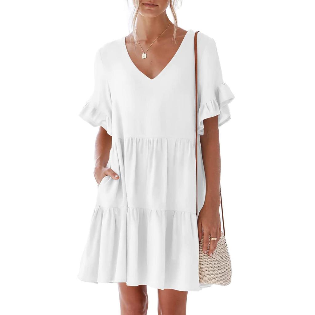 Women's Casual Short Sleeve Down Dress Summer Ruffle Pocket Elastic Waist A-Line Swing Dresses
