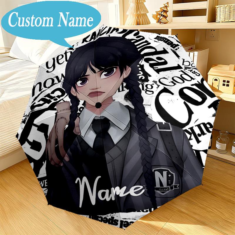 Custom Name Wednesday Umbrella Folding Umbrella, Automatic Umbrella 8-Frame for Travel, Casual Lightweight Birthday Christmas gift