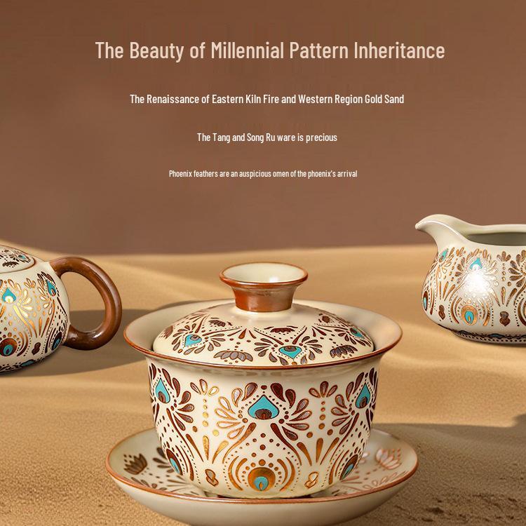 Ru Kiln Kung Fu Tea Set: Light Luxury Teapot, Teacups & Brewing Tray