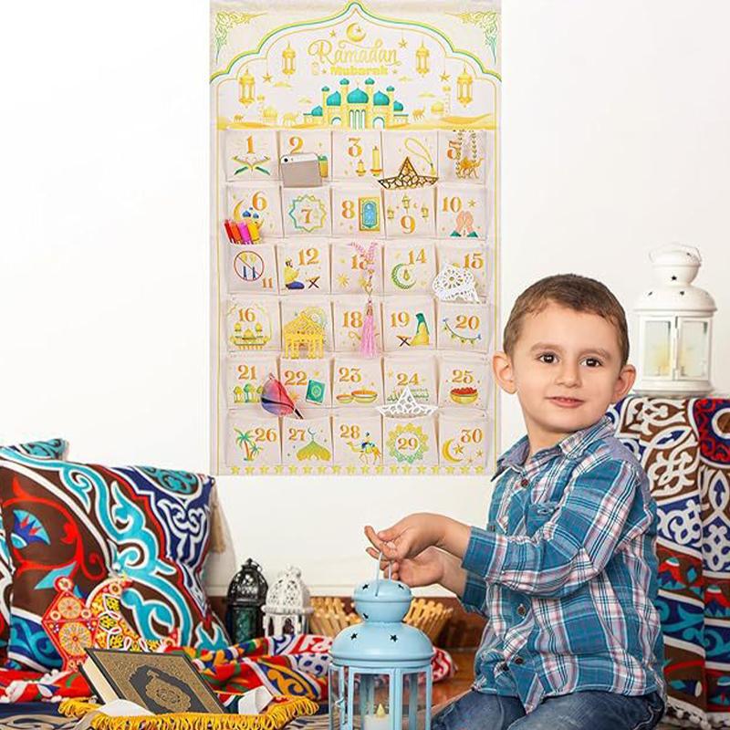 Ramadan Decor Canvas Countdown 30 Day Advent Calendar Bag For Muslim Islamic Kid Boy Girl Ramadan Decor Hanging Organizer