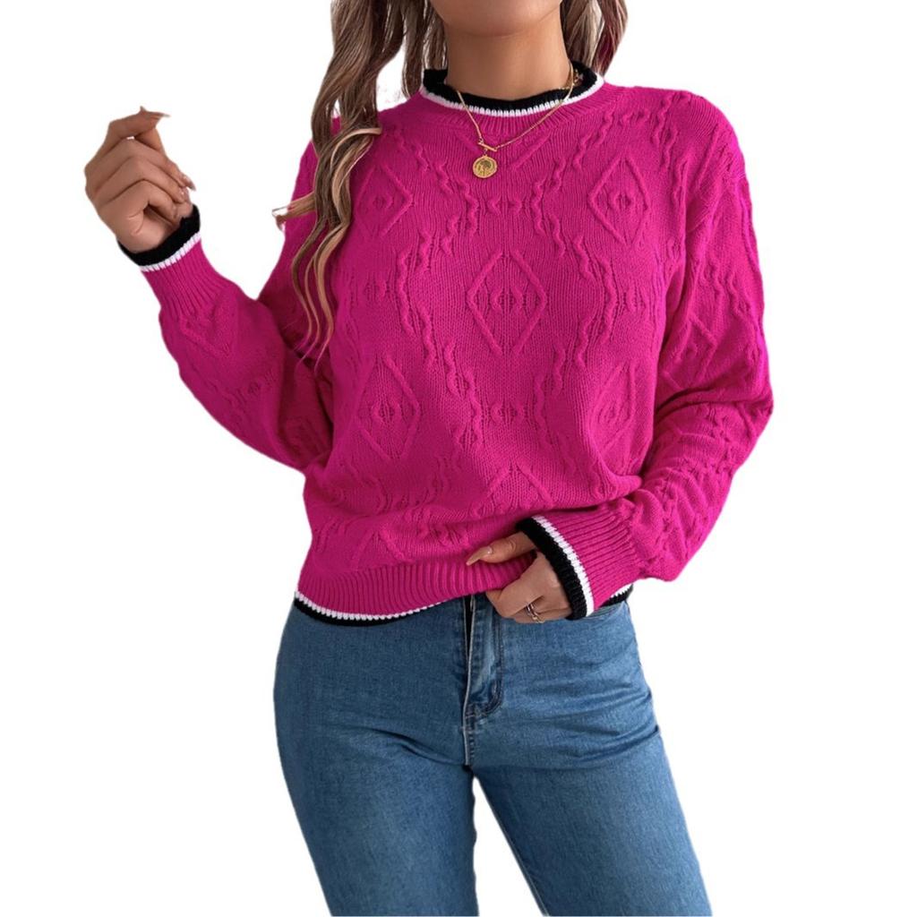 Autumn and Winter Women's Casual Color Blocking Twist Long Sleeve Pullover Sweater