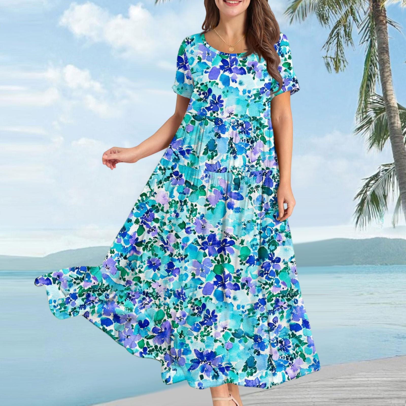 Women s Casual Loose Bohemian Floral Print Short Sleeve Dress L синий